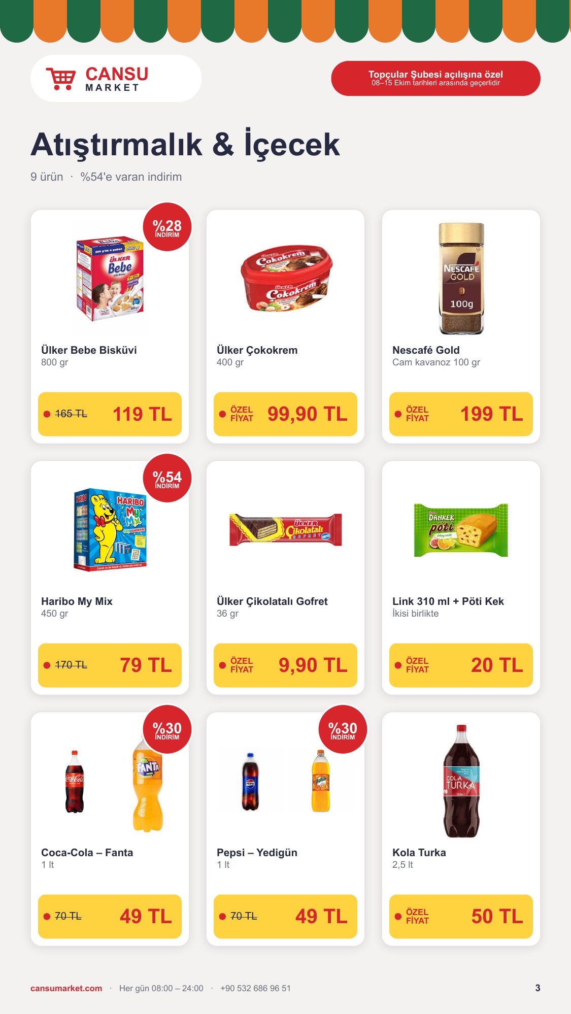 Atıştırmalık ve içecek indirimleri: bisküvi, çokokrem, kahve, şekerleme, gofret, kola